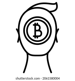 Bitcoin en la cabeza. Pensamientos, reflexiones sobre criptodivisa. La ventaja, la seguridad de bitcoin.Icon, vector, contorno, aislado, 48 píxeles. Trazo editable.