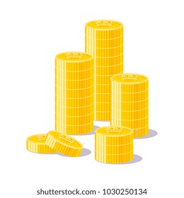 Bitcoin heaps. Exceeding income goals, calculating high income and a large capital base. Business finance and economy concept. Cartoon vector illustration isolated on white background.