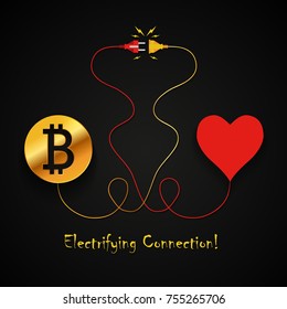 Bitcoin and heart electrifying connection background