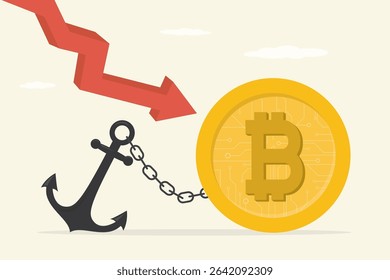 Bitcoin is held in place by giant anchor. Fall of cryptocurrency market. Blockchain technology, unprofitable investments in cryptocurrencies. Big drop arrow, bitcoin sale, loss. vector illustration