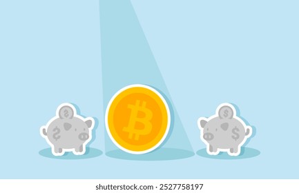 Bitcoin se destaca por un foco mientras dos huchas permanecen en las sombras, lo que ilustra una preferencia por invertir en Bitcoin en lugar de acciones o dólares.