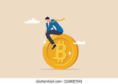 Bitcoin Hodl, Holder Who Buy Bitcoin Or Crypto Currency For Long Term Investment, Crypto Investing Or Believe In Bitcoin Independence Concept, Calm Businessman Investor Relax Sitting On Bitcoin.