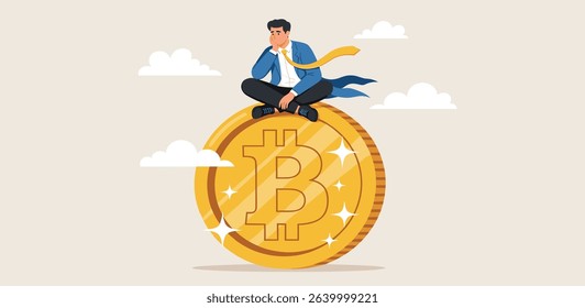 Bitcoin hodl, holder who buy bitcoin or crypto currency for long term investment, crypto investing or believe in Bitcoin independence concept, calm businessman investor relax sitting on Bitcoin.