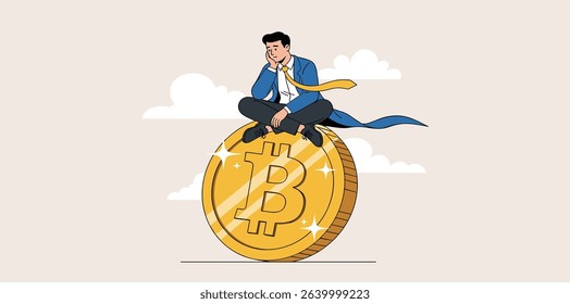 Bitcoin hodl, holder who buy bitcoin or crypto currency for long term investment, crypto investing or believe in Bitcoin independence concept, calm businessman investor relax sitting on Bitcoin.