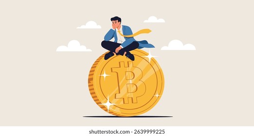 Bitcoin hodl, holder who buy bitcoin or crypto currency for long term investment, crypto investing or believe in Bitcoin independence concept, calm businessman investor relax sitting on Bitcoin.
