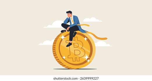 Bitcoin hodl, holder who buy bitcoin or crypto currency for long term investment, crypto investing or believe in Bitcoin independence concept, calm businessman investor relax sitting on Bitcoin.
