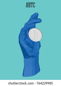 bitcoin holding hand 3d vector low poly illustration