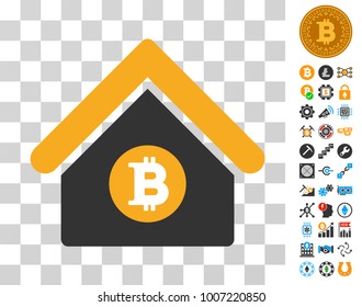 Bitcoin Home icon with bonus bitcoin mining and blockchain symbols. Vector illustration style is flat iconic symbols. Designed for crypto currency ui toolbars.