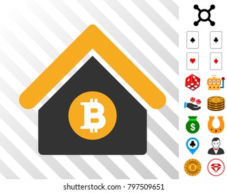 Bitcoin Home pictograph with bonus gamble images. Vector illustration style is flat iconic symbols. Designed for casino ui.