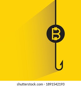bitcoin and hook with shadow on yellow background vector