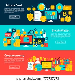 Bitcoin Horizontal Banners. Vector Illustration for Website Header. Cryptocurrency Items Flat Design.