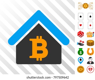 Bitcoin House icon with bonus casino graphic icons. Vector illustration style is flat iconic symbols. Designed for gamble ui.
