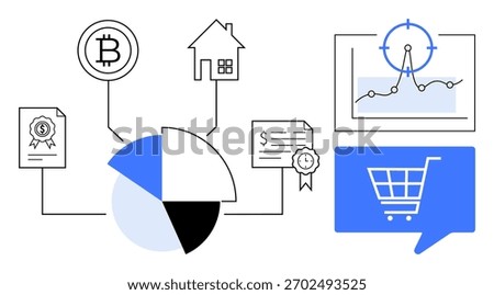 Bitcoin and house icons connected to pie chart, certificate, line graph with target, and shopping cart. Ideal for financial analysis, digital investment, cryptocurrency, real estate, e-commerce