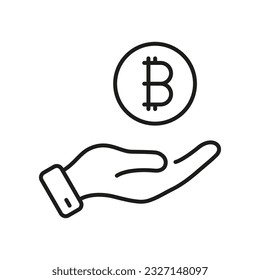 Bitcoin in Human Hand Line Symbol. Kaufen und verkaufen Sie Crypto Currency Coin Linear Piktogram. Kryptowährungs-Finanzzahlung. Symbol für digitale Finanzen Bearbeitbarer Stroke. Einzelne Vektorgrafik.