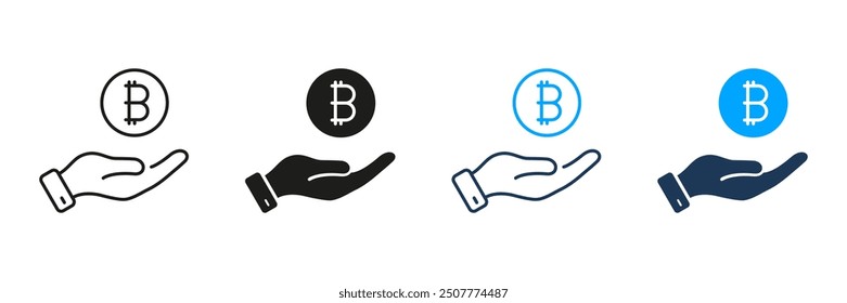 Bitcoin in Human Hand Line and Silhouette Icon Set. Cryptocurrency Financial Payment. Buy and Sell Crypto Currency Coin Pictogram. Digital Finance. Editable Stroke. Isolated Vector Illustration.