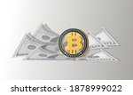 BITCOIN. Hundred dollar. Network trading crypto currency. Gold coins standing on the dollar bills. 
