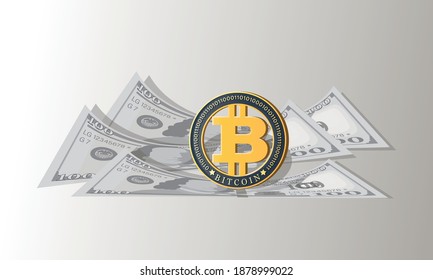 BITCOIN. Hundred dollar. Network trading crypto currency. Gold coins standing on the dollar bills. 