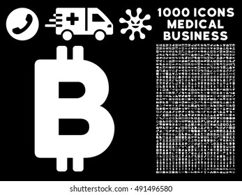 Bitcoin icon with 1000 medical business white vector pictographs. Set style is flat symbols, black background.