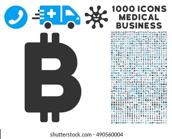 Bitcoin icon with 1000 medical commercial gray and blue vector design elements. Design style is flat bicolor symbols, white background.