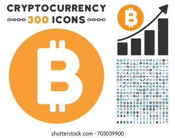Bitcoin icon with 300 blockchain, bitcoin, ethereum, smart contract symbols. Vector illustration style is flat iconic symbols.