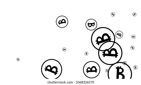 Bitcoin Icon Abstract Background. Randomly Fall Bitcoins. Digital Payment money. Cryptocurrency Background. Prize or Jackpot Concept.
 Blockchain technology Coin. Black and White Vector Illustration.