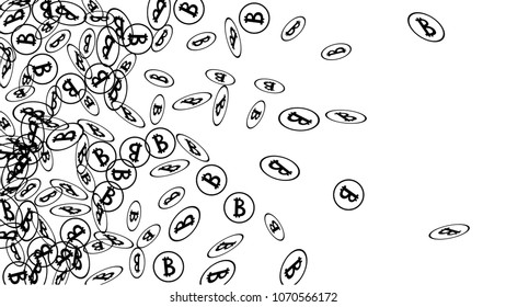 Bitcoin Icon Abstract Background. Randomly Fall Bitcoins. Digital Payment money. Cryptocurrency Background. Prize or Jackpot Concept.
 Black and White Vector Illustration. Blockchain technology Coin.