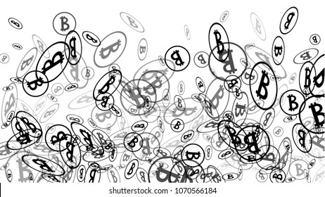 Bitcoin Icon Abstract Background. Randomly Fall Bitcoins. Digital Payment money. Cryptocurrency Background. Jackpot or Prize Concept.
 Black and White Vector Illustration. Blockchain technology Coin.