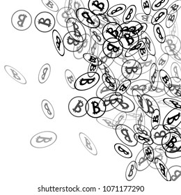 Bitcoin Icon Abstract Background. Randomly Fall Bitcoins. Digital Payment money. Cryptocurrency Background. Jackpot or Prize Concept.
 Black and White Vector Illustration. Blockchain technology Coin.