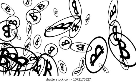 Bitcoin Icon Abstract Background. Randomly Fall Bitcoins. Cryptocurrency Background. Digital Payment money.  Prize or Jackpot Concept.
 Black and White Vector Illustration. Blockchain technology Coin.