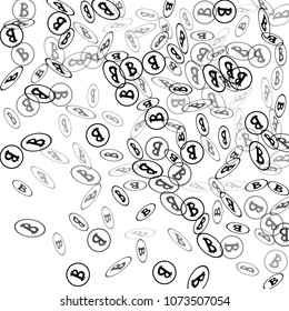 Bitcoin Icon Abstract Background. Randomly Fall Bitcoins. Cryptocurrency Background. Digital Payment money.  Prize or Jackpot Concept.
 Blockchain technology Coin. Black and White Vector Illustration.