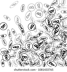Bitcoin Icon Abstract Background. Randomly Fall Bitcoins. Digital Payment money. Cryptocurrency Background. Jackpot or Prize Concept.
 Blockchain technology Coin. Black and White Vector Illustration.