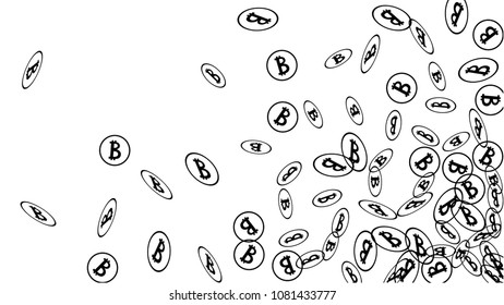 Bitcoin Icon Abstract Background. Randomly Fall Bitcoins. Cryptocurrency Background. Digital Payment money.  Prize or Jackpot Concept.
 Blockchain technology Coin. Black and White Vector Illustration.