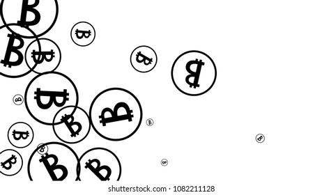 Bitcoin Icon Abstract Background. Randomly Fall Bitcoins. Digital Payment money. Cryptocurrency Background. Prize or Jackpot Concept.
 Black and White Vector Illustration. Blockchain technology Coin.