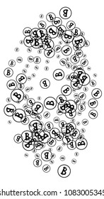 Bitcoin Icon Abstract Background. Randomly Fall Bitcoins. Digital Payment money. Cryptocurrency Background. Prize or Jackpot Concept.
 Black and White Vector Illustration. Blockchain technology Coin.