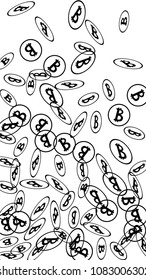 Bitcoin Icon Abstract Background. Randomly Fall Bitcoins. Cryptocurrency Background. Digital Payment money.  Jackpot or Prize Concept.
 Blockchain technology Coin. Black and White Vector Illustration.