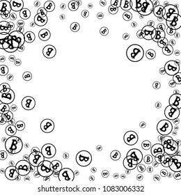 Bitcoin Icon Abstract Background. Randomly Fall Bitcoins. Cryptocurrency Background. Digital Payment money.  Prize or Jackpot Concept.
 Black and White Vector Illustration. Blockchain technology Coin.