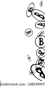 Bitcoin Icon Abstract Background. Randomly Fall Bitcoins. Cryptocurrency Background. Digital Payment money.  Jackpot or Prize Concept.
 Blockchain technology Coin. Black and White Vector Illustration.