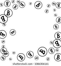 Bitcoin Icon Abstract Background. Randomly Fall Bitcoins. Digital Payment money. Cryptocurrency Background. Prize or Jackpot Concept.
 Black and White Vector Illustration. Blockchain technology Coin.