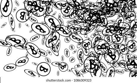 Bitcoin Icon Abstract Background. Randomly Fall Bitcoins. Digital Payment money. Cryptocurrency Background. Prize or Jackpot Concept.
 Black and White Vector Illustration. Blockchain technology Coin.