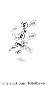 Bitcoin Icon Abstract Background. Randomly Fall Bitcoins. Digital Payment money. Cryptocurrency Background. Jackpot or Prize Concept.
 Blockchain technology Coin. Black and White Vector Illustration.
