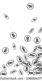 Bitcoin Icon Abstract Background. Randomly Fall Bitcoins. Cryptocurrency Background. Digital Payment money.  Jackpot or Prize Concept.
 Blockchain technology Coin. Black and White Vector Illustration.