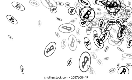 Bitcoin Icon Abstract Background. Randomly Fall Bitcoins. Digital Payment money. Cryptocurrency Background. Jackpot or Prize Concept.
 Blockchain technology Coin. Black and White Vector Illustration.