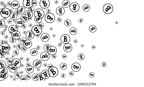 Bitcoin Icon Abstract Background. Randomly Fall Bitcoins. Cryptocurrency Background. Digital Payment money.  Prize or Jackpot Concept.
 Blockchain technology Coin. Black and White Vector Illustration.