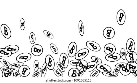 Bitcoin Icon Abstract Background. Randomly Fall Bitcoins. Digital Payment money. Cryptocurrency Background. Jackpot or Prize Concept.
 Black and White Vector Illustration. Blockchain technology Coin.