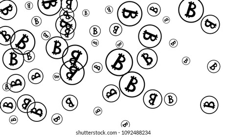 Bitcoin Icon Abstract Background. Randomly Fall Bitcoins. Digital Payment money. Cryptocurrency Background. Prize or Jackpot Concept.
 Blockchain technology Coin. Black and White Vector Illustration.