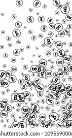 Bitcoin Icon Abstract Background. Randomly Fall Bitcoins. Cryptocurrency Background. Digital Payment money.  Prize or Jackpot Concept.
 Black and White Vector Illustration. Blockchain technology Coin.