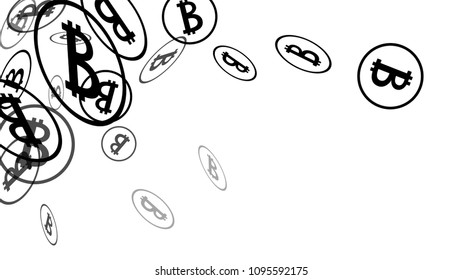 Bitcoin Icon Abstract Background. Randomly Fall Bitcoins. Digital Payment money. Cryptocurrency Background. Jackpot or Prize Concept.
 Black and White Vector Illustration. Blockchain technology Coin.