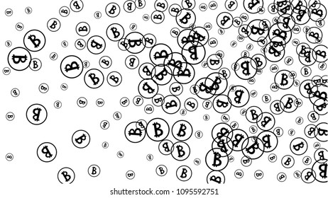 Bitcoin Icon Abstract Background. Randomly Fall Bitcoins. Cryptocurrency Background. Digital Payment money.  Jackpot or Prize Concept.
 Black and White Vector Illustration. Blockchain technology Coin.