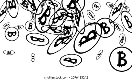 Bitcoin Icon Abstract Background. Randomly Fall Bitcoins. Cryptocurrency Background. Digital Payment money.  Jackpot or Prize Concept.
 Black and White Vector Illustration. Blockchain technology Coin.