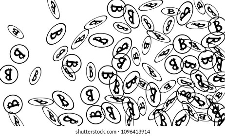 Bitcoin Icon Abstract Background. Randomly Fall Bitcoins. Cryptocurrency Background. Digital Payment money.  Jackpot or Prize Concept.
 Blockchain technology Coin. Black and White Vector Illustration.